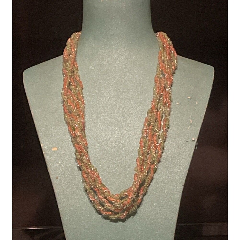 Japan Handmade Twisted Beaded Necklace 4 Strands  Orange And Green